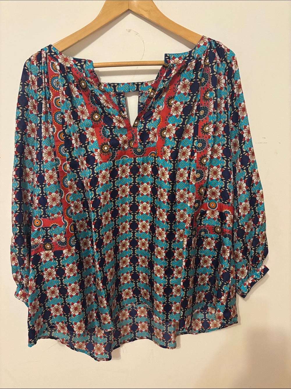 Persaman New York Silk Floral Patchwork Tunic in Teal & Red